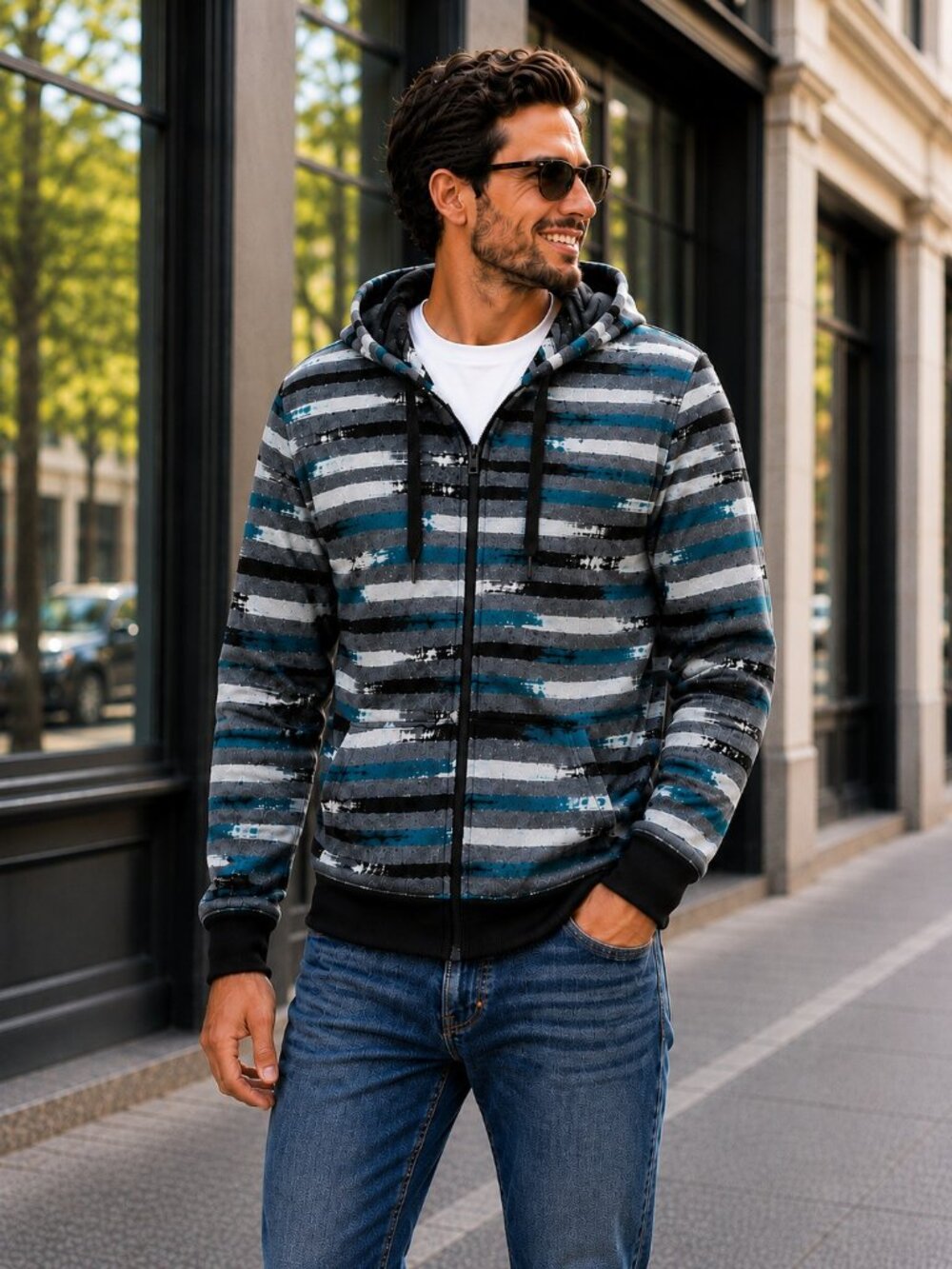 Men's Hoodie MEDIUM Full Zip Gray Teal Stripe with pockets No Boundaries